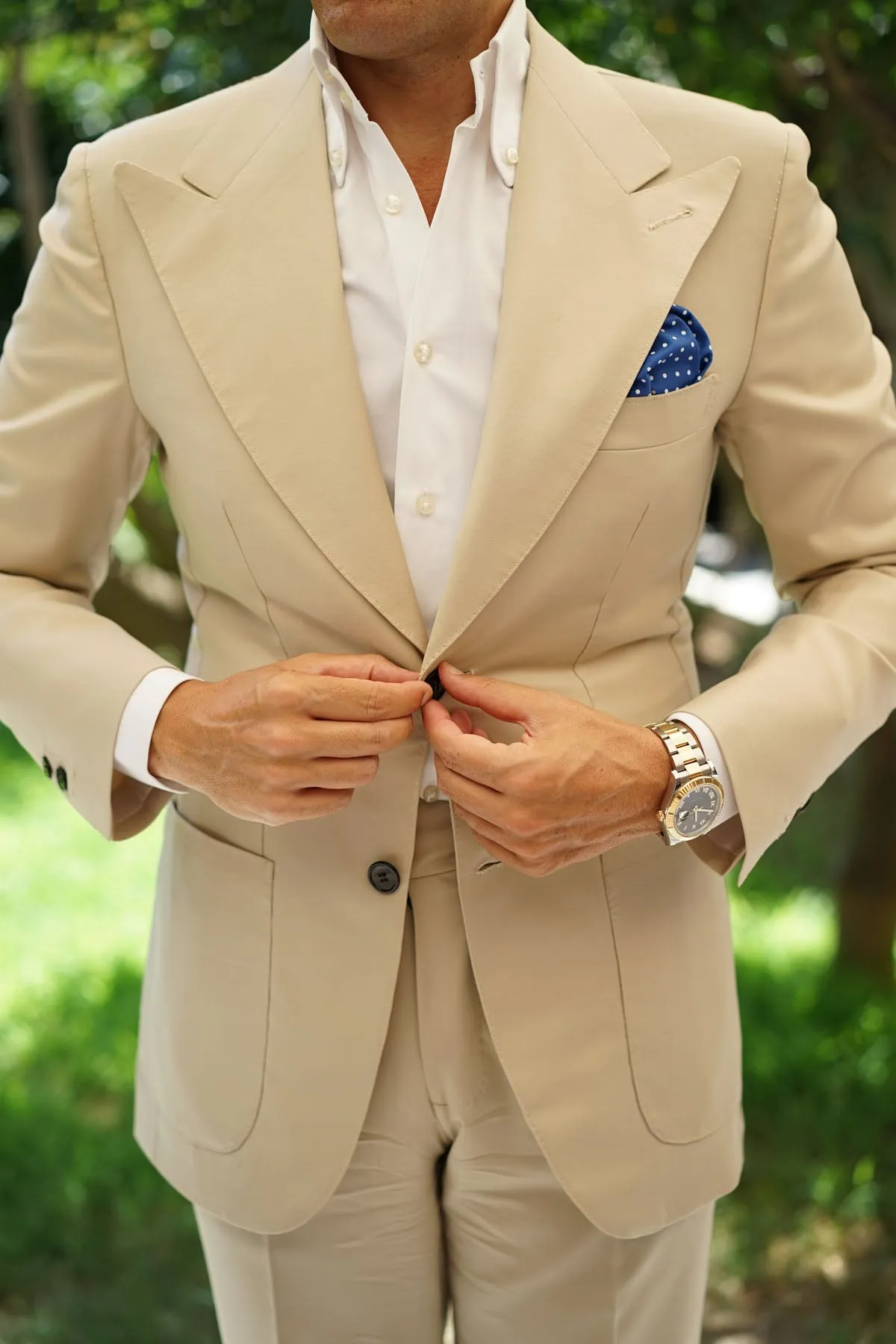 Blue Cotton Pocket Square with Mini White Polka Dots