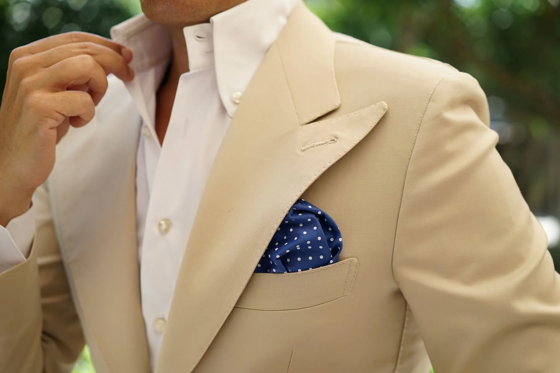 Blue Cotton Pocket Square with Mini White Polka Dots