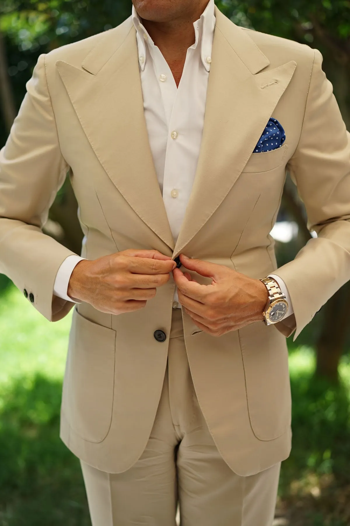 Blue Cotton Pocket Square with Mini White Polka Dots