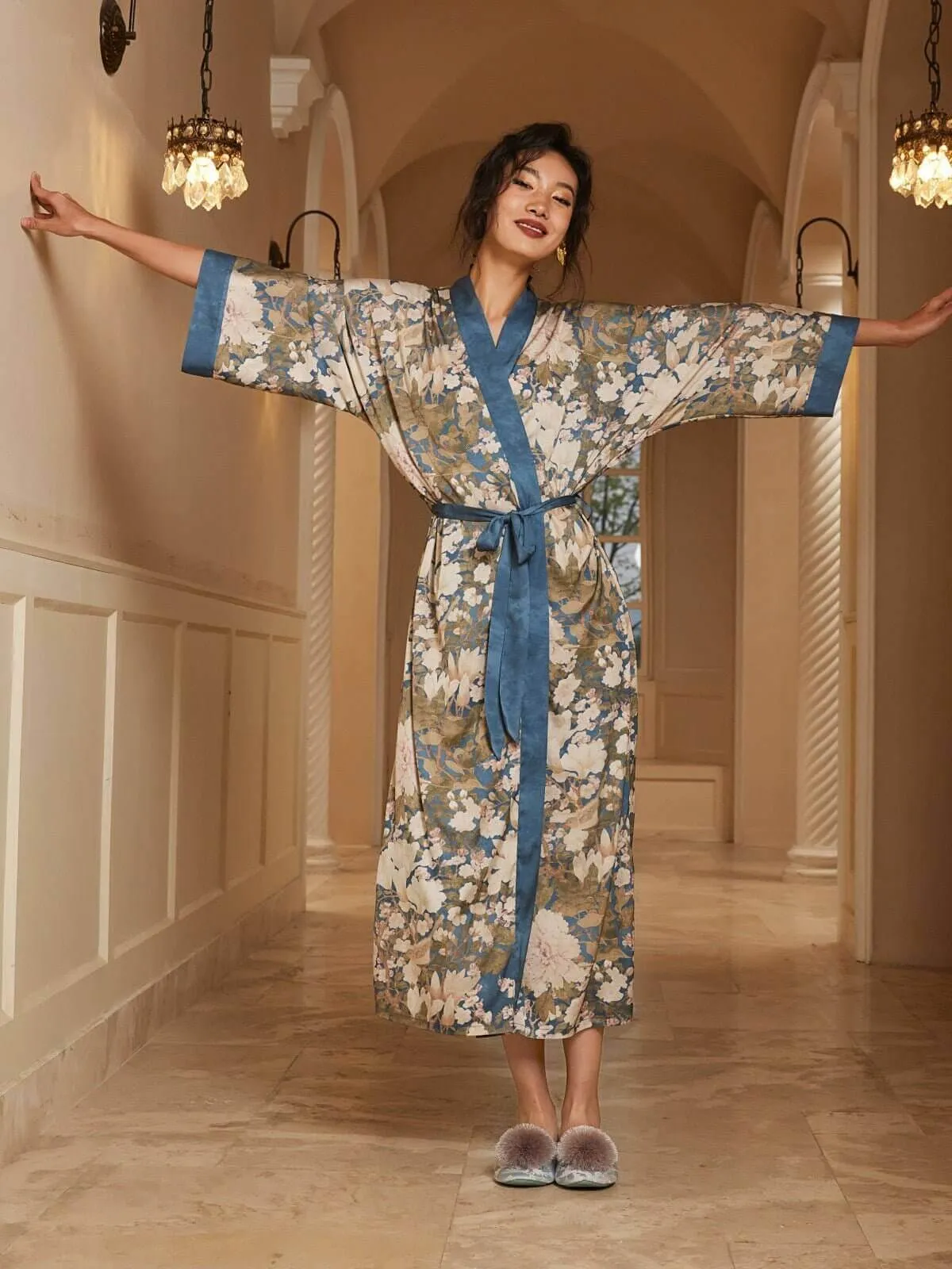 Blue Floral Kimono Robe