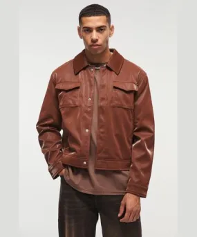 boohoo Mens High Shine Pu Harrington Jacket In Chocolate