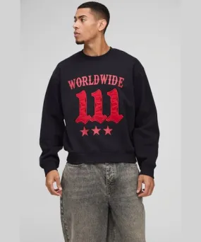 boohooMAN Mens Oversized Boxy Moto Raw Edge Applique Sweatshirt