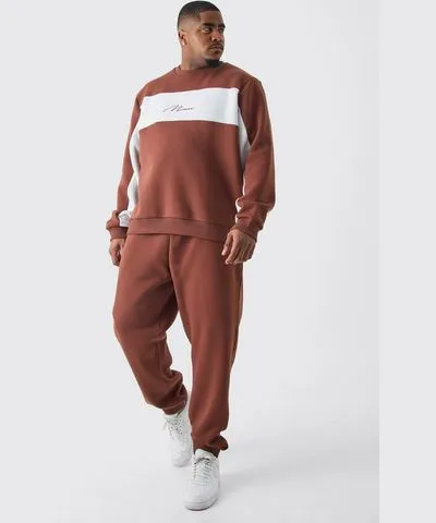 boohooMAN Mens Plus Colour Block Man Sweatshirt Tracksuit In Chocolate