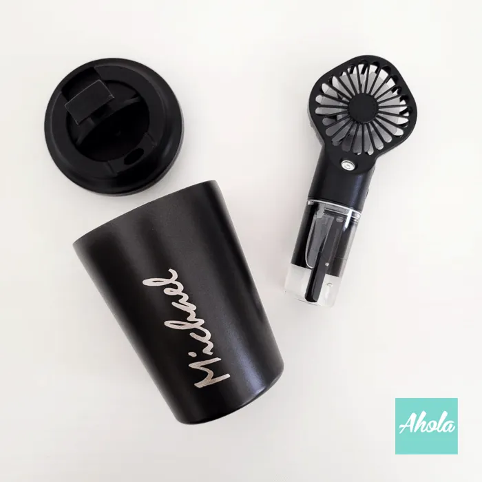 【Breeze】Engraved Stainless Steel Hot or Cold Coffee Cup + Mini Fine Mist Fan 刻字不鏽鋼保冷/保温咖啡杯+便攜水冷噴霧風扇套裝