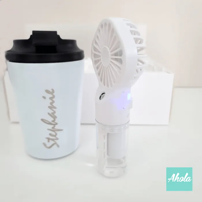 【Breeze】Engraved Stainless Steel Hot or Cold Coffee Cup + Mini Fine Mist Fan 刻字不鏽鋼保冷/保温咖啡杯+便攜水冷噴霧風扇套裝