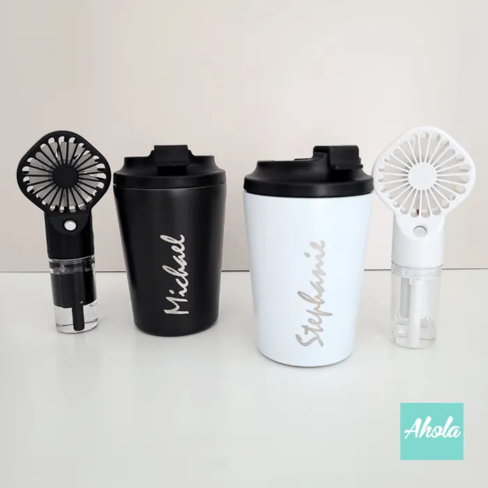 【Breeze】Engraved Stainless Steel Hot or Cold Coffee Cup + Mini Fine Mist Fan 刻字不鏽鋼保冷/保温咖啡杯+便攜水冷噴霧風扇套裝