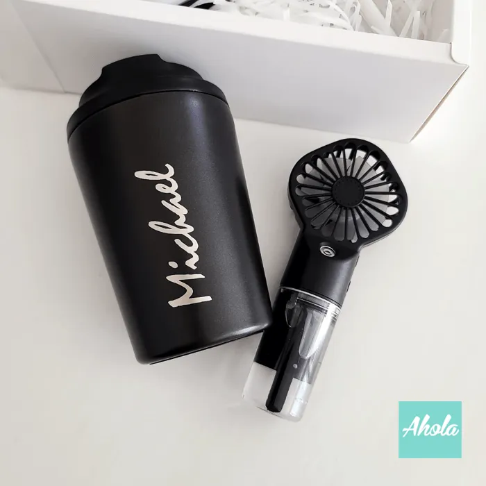 【Breeze】Engraved Stainless Steel Hot or Cold Coffee Cup + Mini Fine Mist Fan 刻字不鏽鋼保冷/保温咖啡杯+便攜水冷噴霧風扇套裝