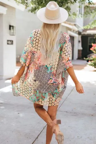 Casual Color Block Flower Short Sleeve Chiffon Kimono