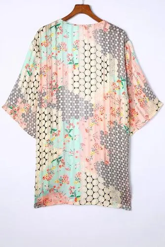 Casual Color Block Flower Short Sleeve Chiffon Kimono