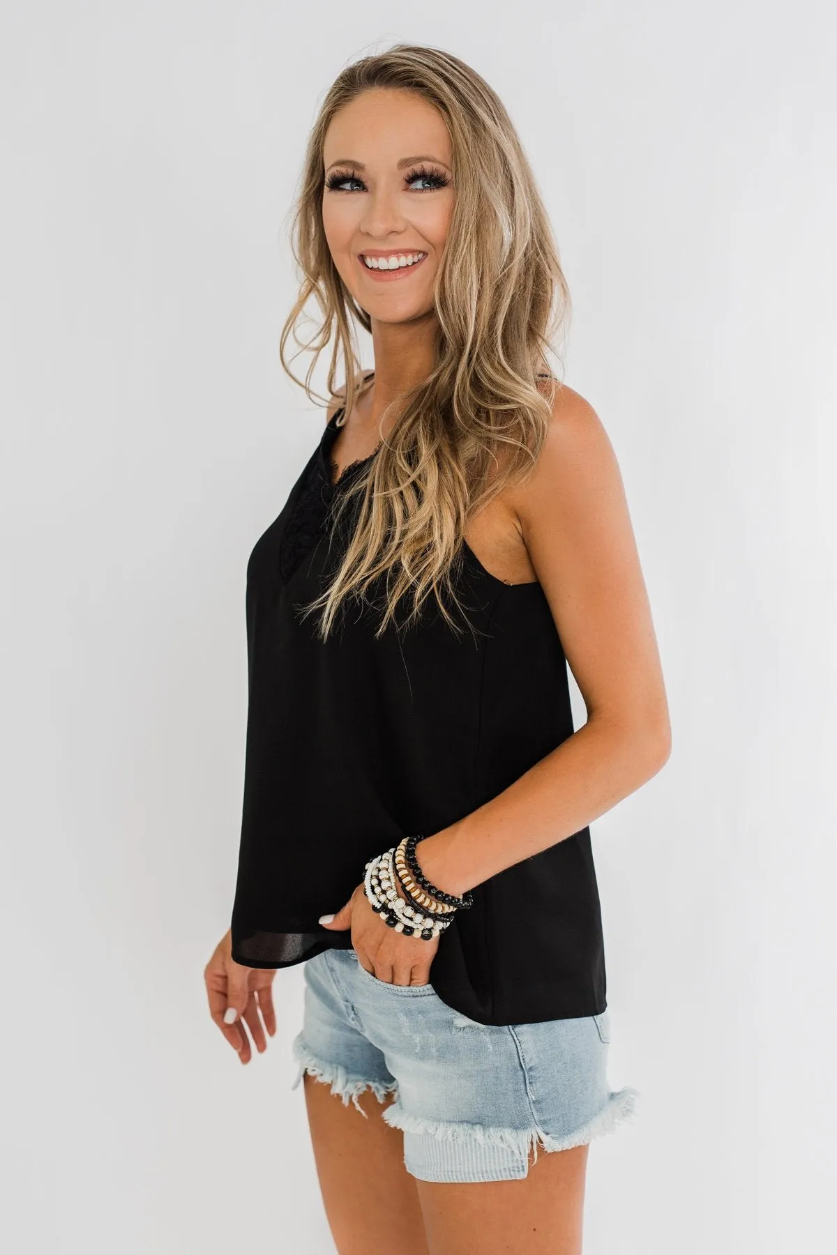 Casual Lace Shift Tank Top - Black