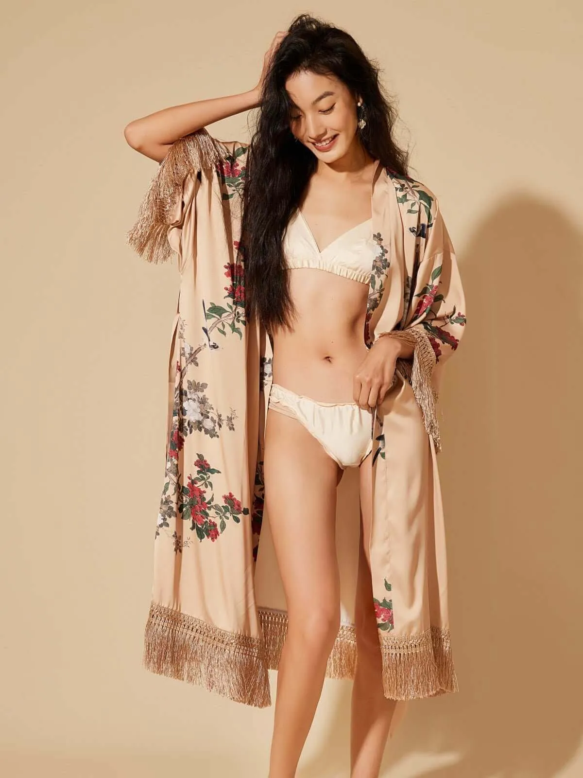 Champagne Kimono Robe with Tassels