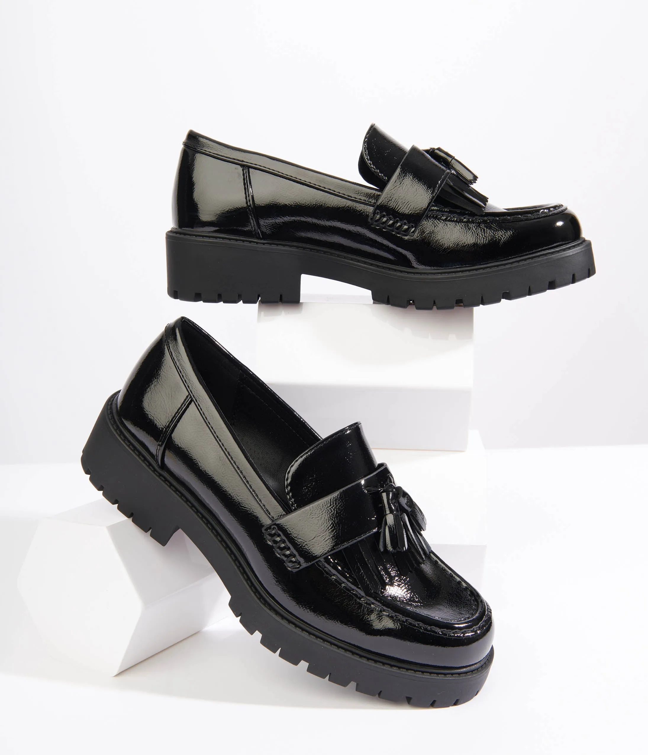 Chunky black patent loafers