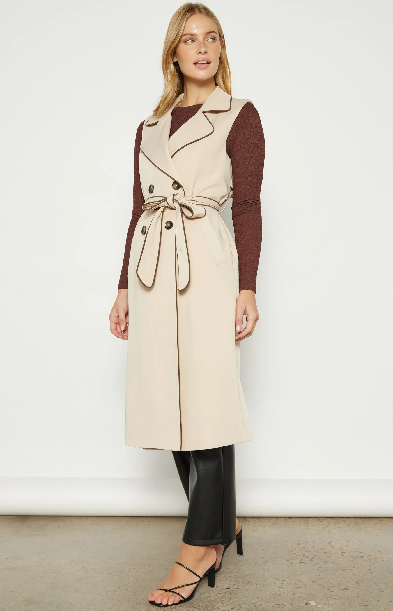 Contrast Stitching Longline Sleeveless Trench Coat (WJT228B)