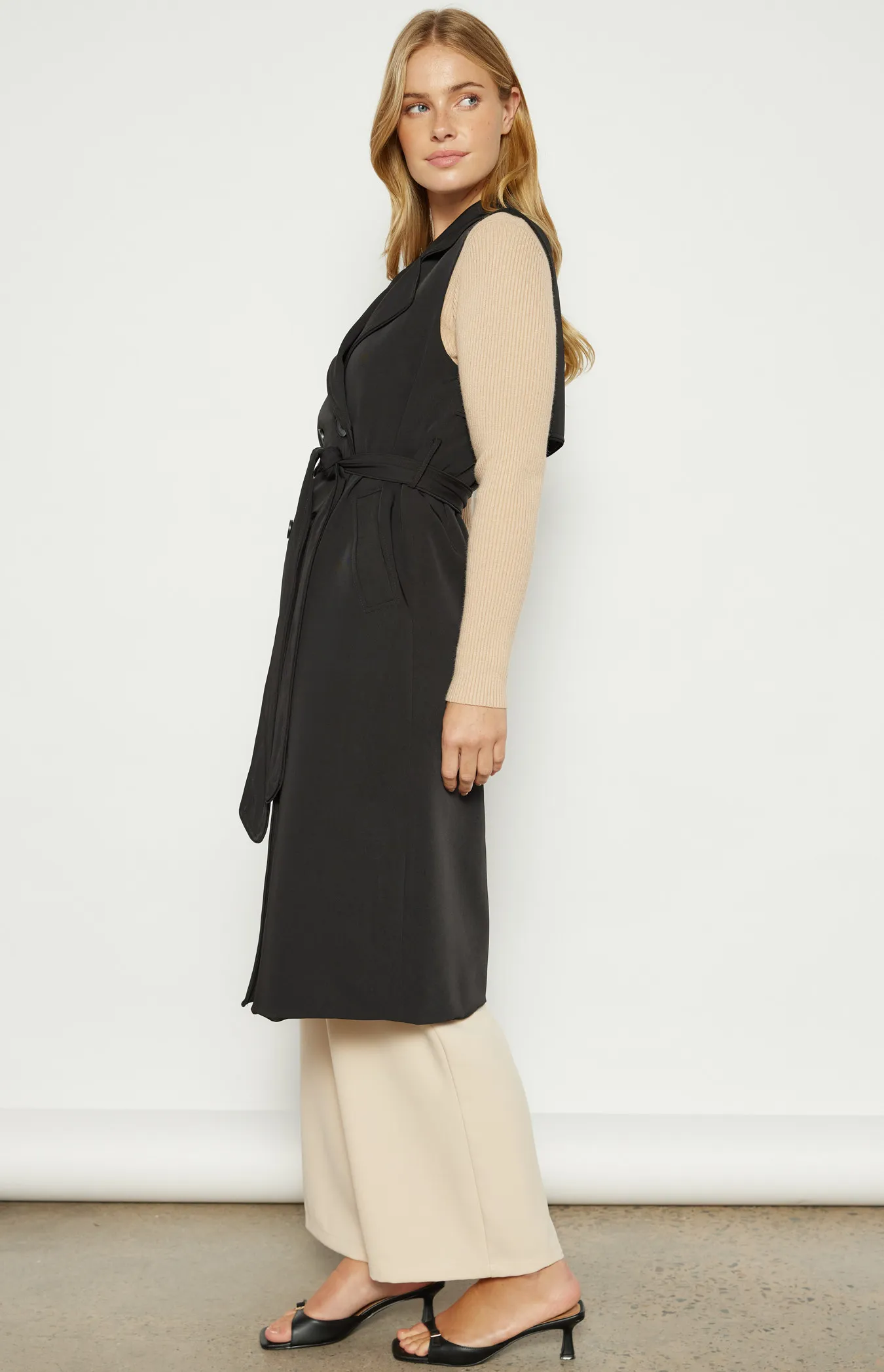 Contrast Stitching Longline Sleeveless Trench Coat (WJT228B)