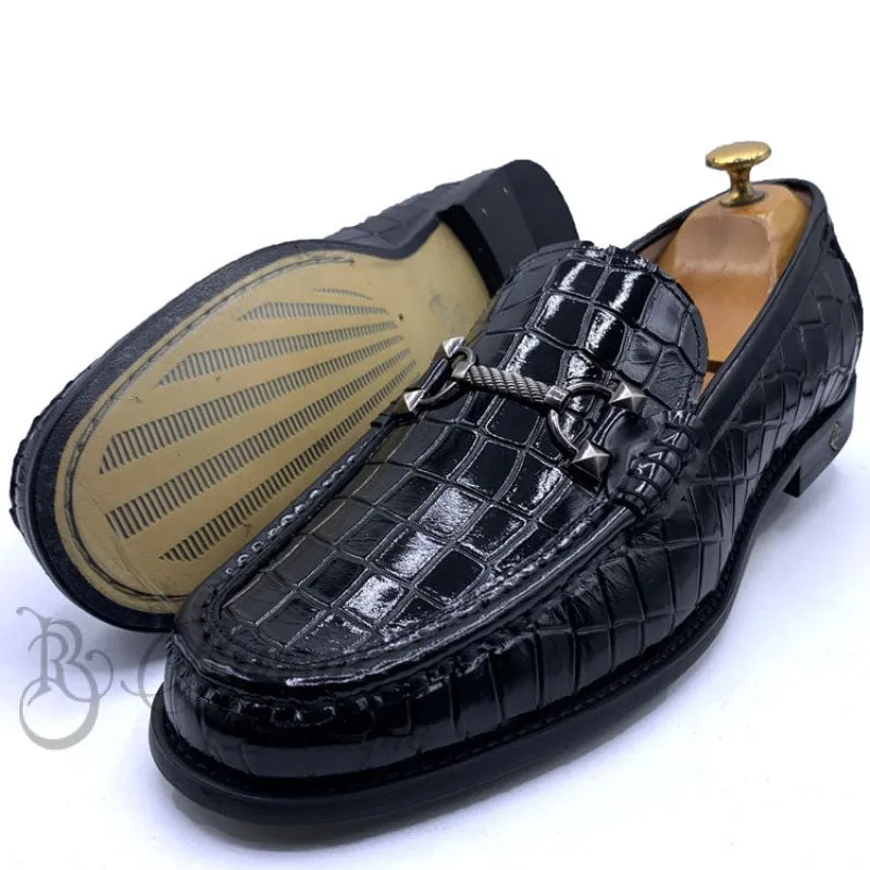 Cracked Black Wetlook Horsebit Loafers - Shop Now!