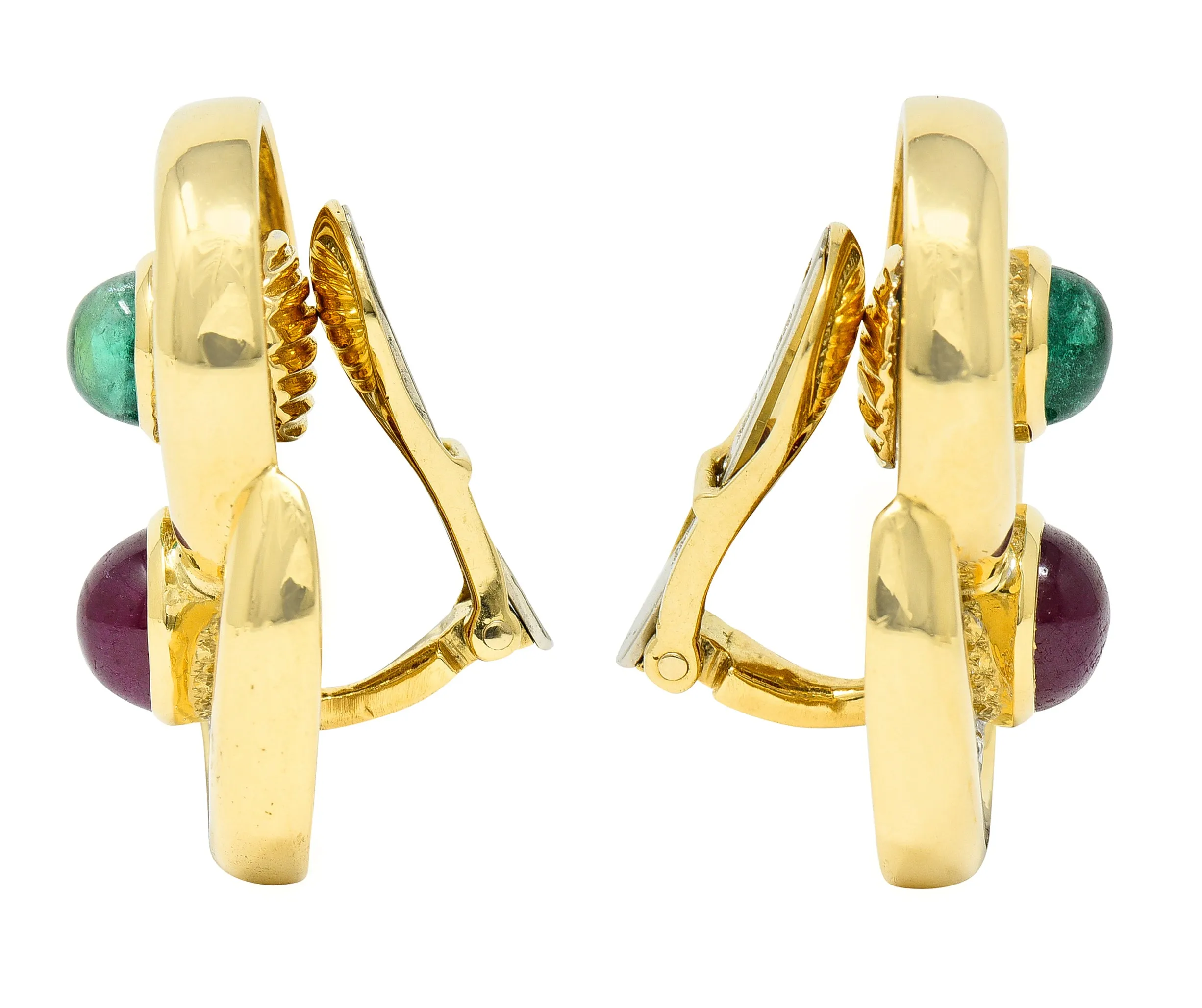 David Webb Vintage Diamond Emerald Ruby Platinum 18 Karat Yellow Gold Ear-Clip Earrings