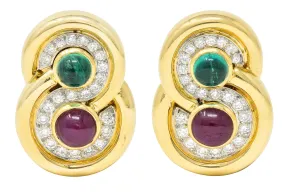 David Webb Vintage Diamond Emerald Ruby Platinum 18 Karat Yellow Gold Ear-Clip Earrings