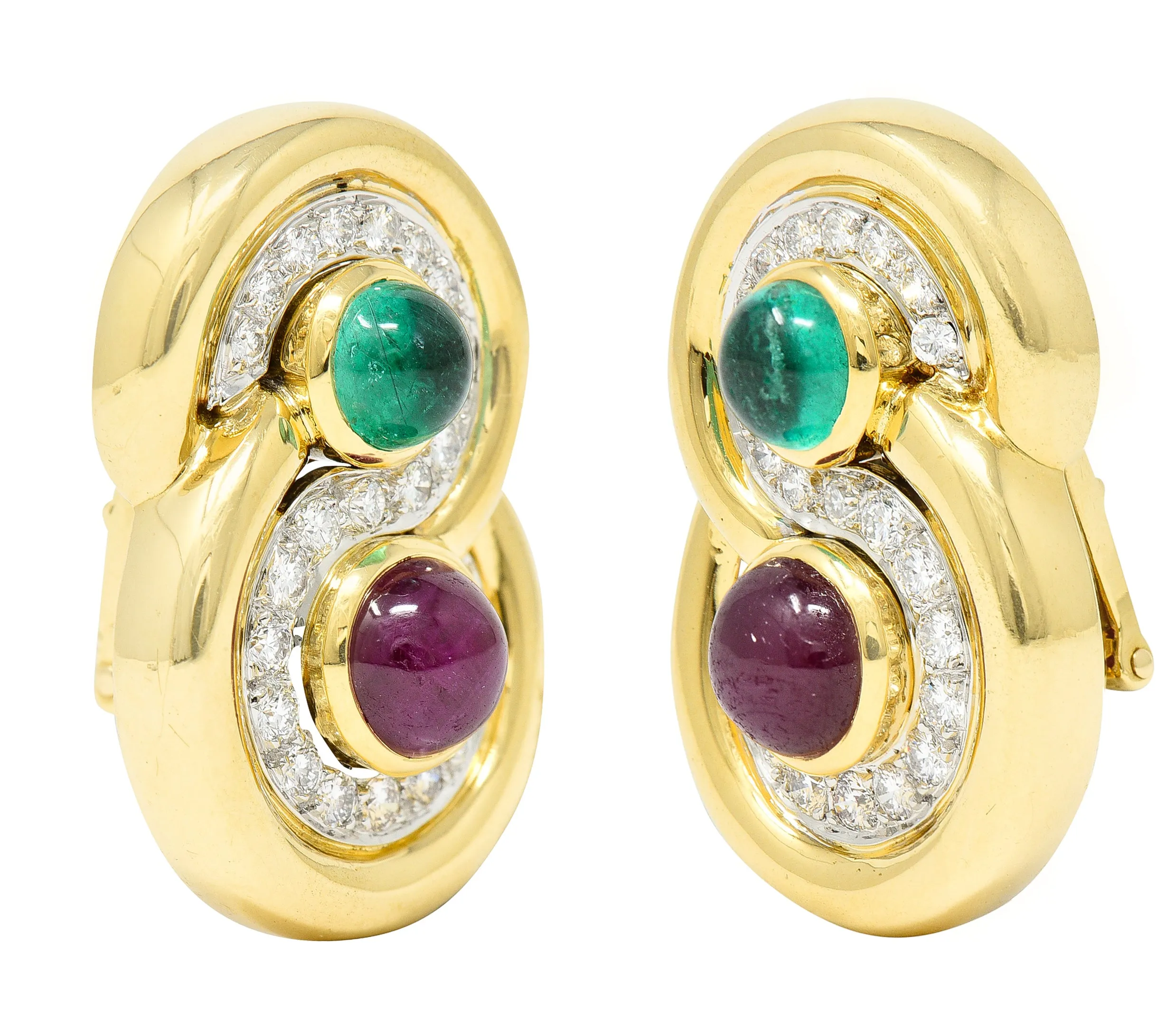 David Webb Vintage Diamond Emerald Ruby Platinum 18 Karat Yellow Gold Ear-Clip Earrings