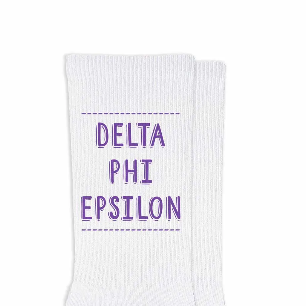 Delta Phi Epsilon Sorority Crew Socks with Name in Official Colors