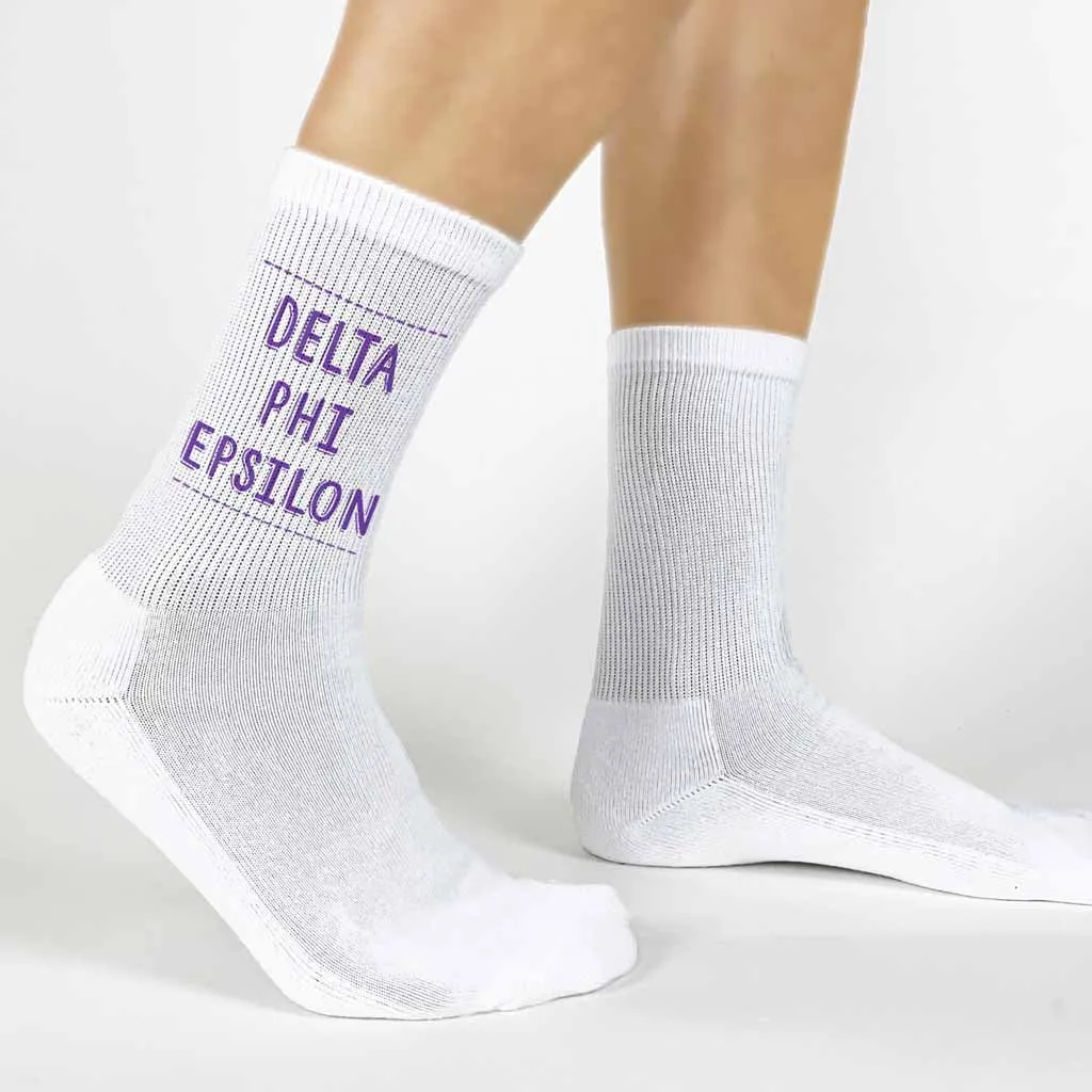 Delta Phi Epsilon Sorority Crew Socks with Name in Official Colors