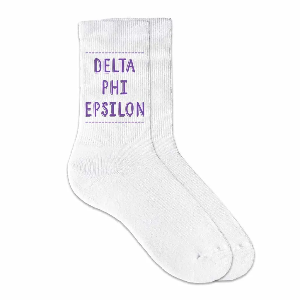 Delta Phi Epsilon Sorority Crew Socks with Name in Official Colors