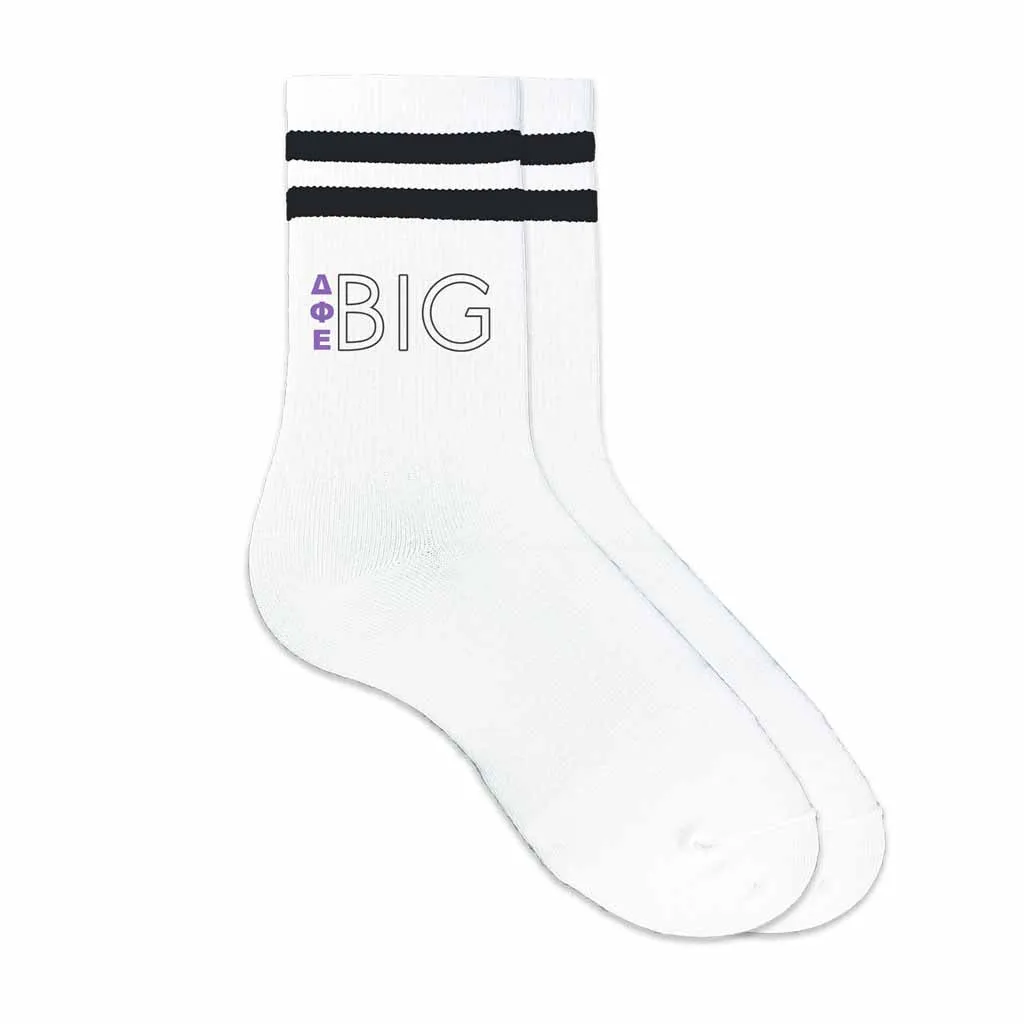 Delta Phi Epsilon Sorority Striped Cotton Crew Socks with Greek Letters - Big and Little Socks