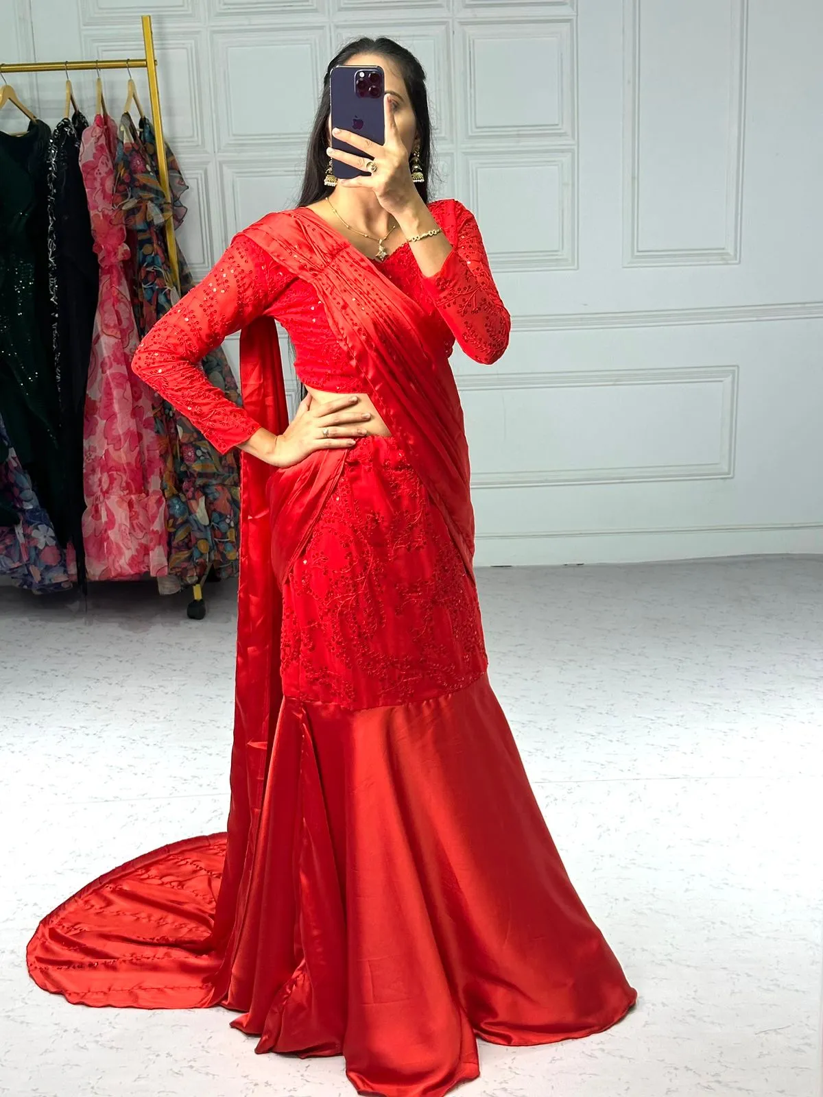 Designer Red Lehenga Saree With Dupatta and Blouse – PARUL001LS