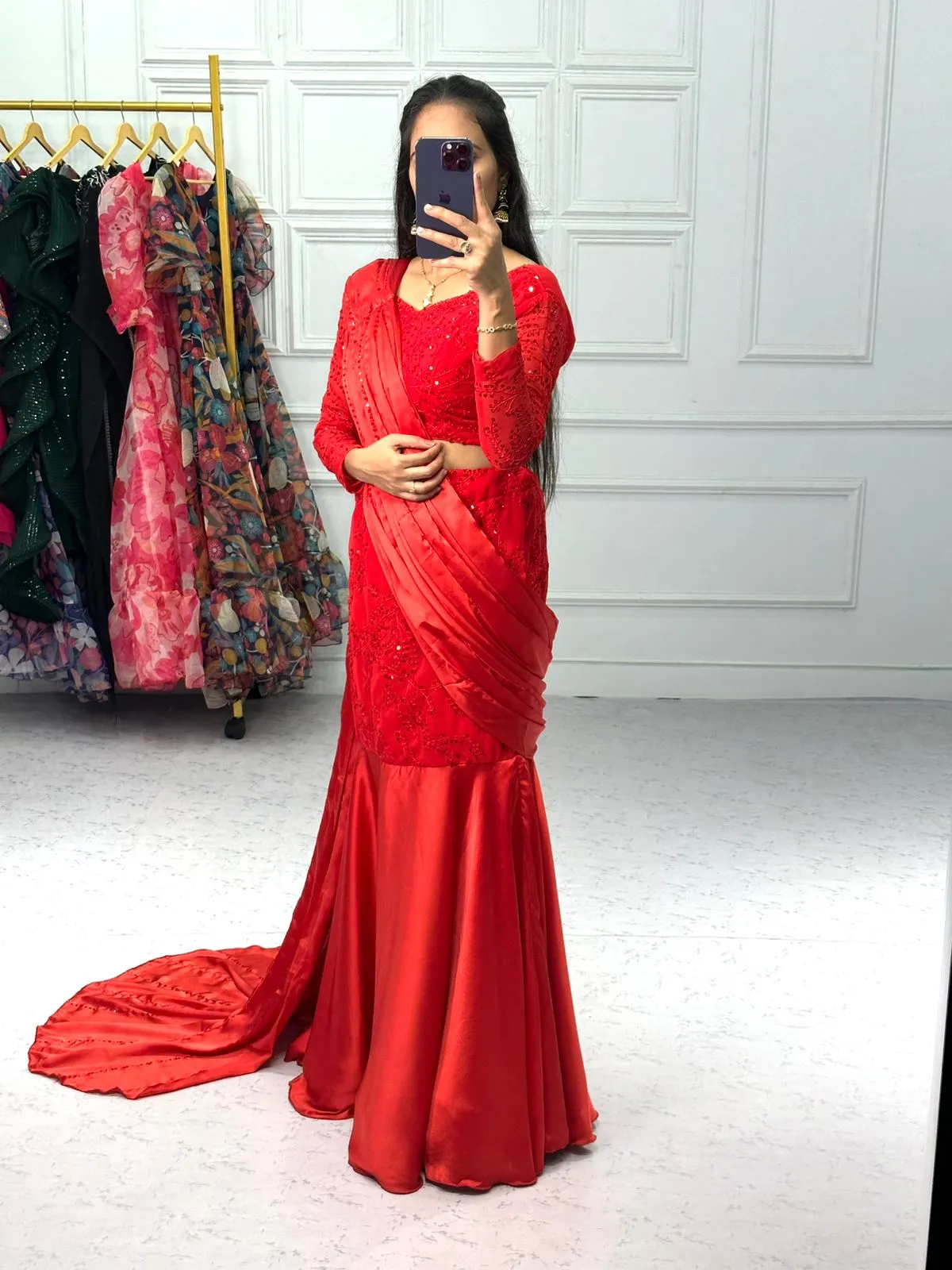 Designer Red Lehenga Saree With Dupatta and Blouse – PARUL001LS