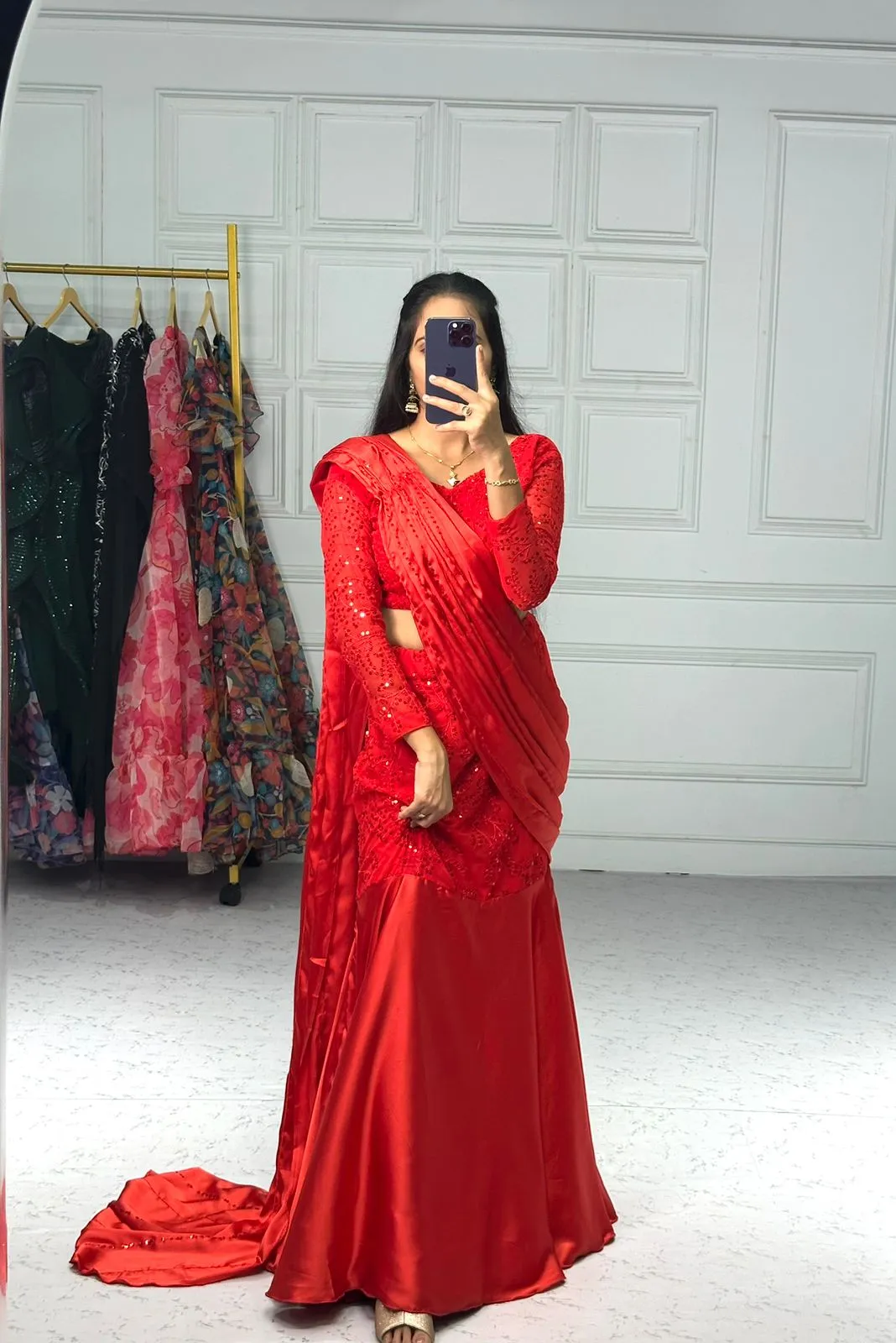 Designer Red Lehenga Saree With Dupatta and Blouse – PARUL001LS