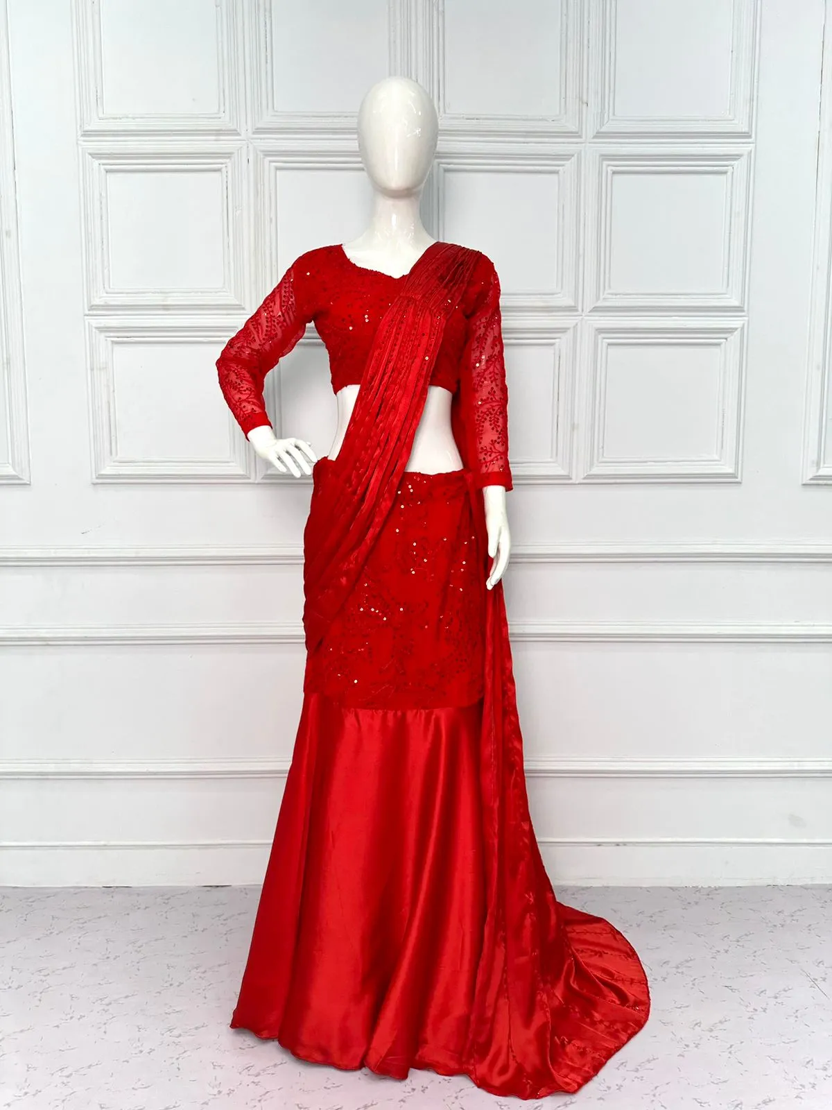 Designer Red Lehenga Saree With Dupatta and Blouse – PARUL001LS