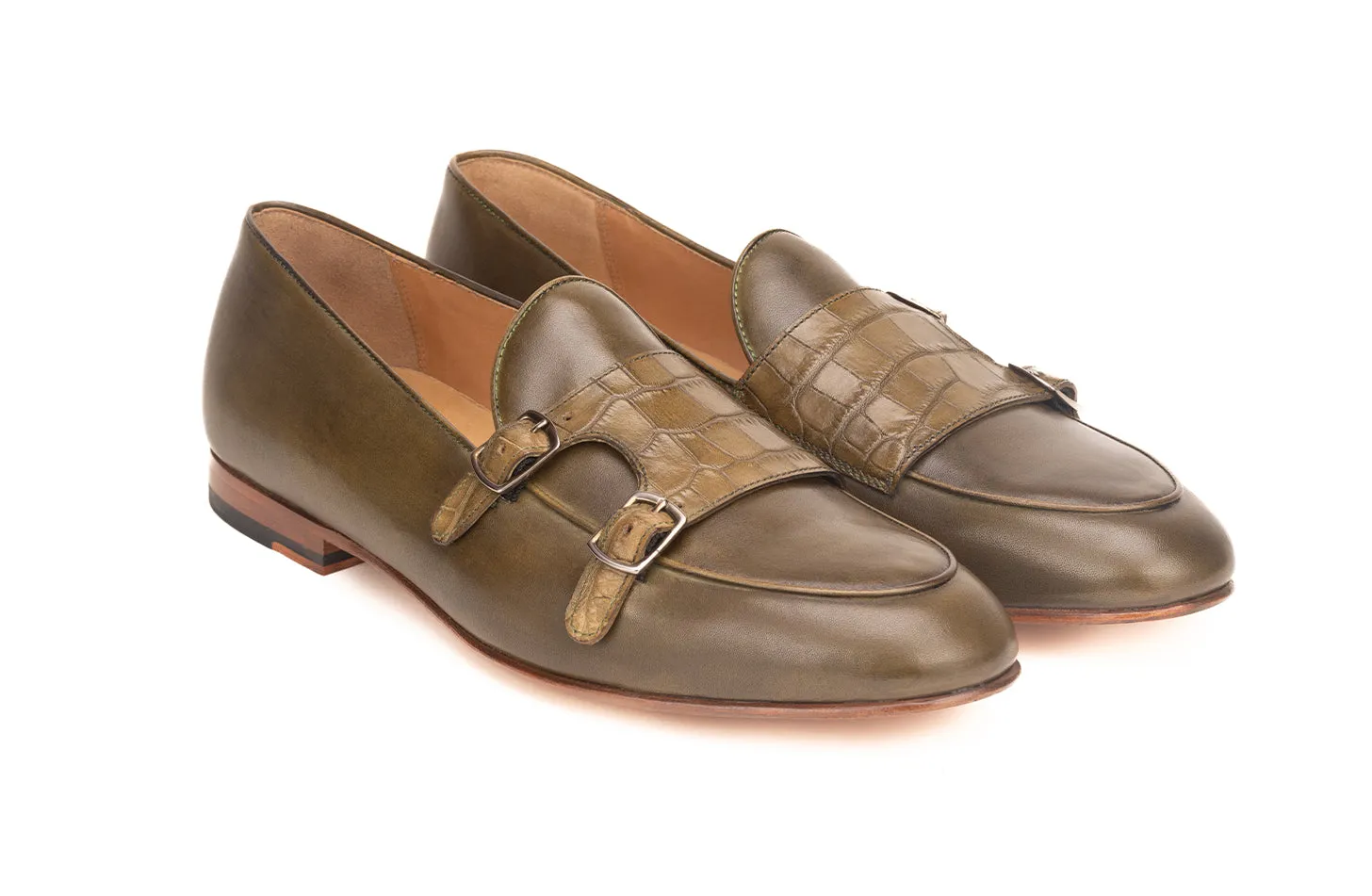 Double monk loafer with crocodile embossed straps