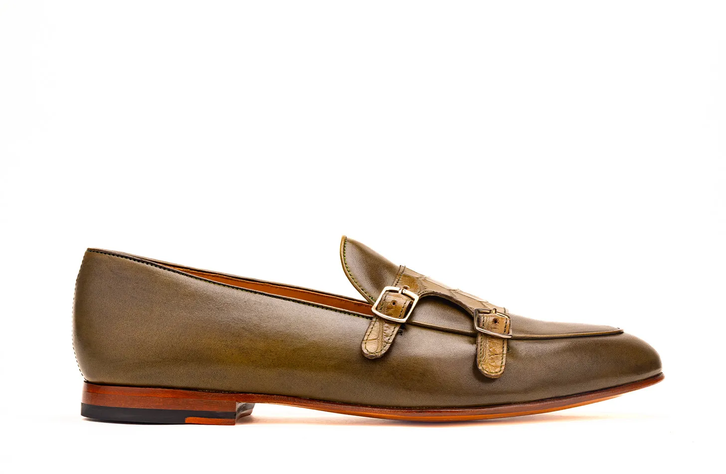 Double monk loafer with crocodile embossed straps