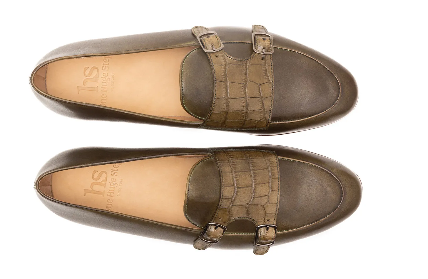 Double monk loafer with crocodile embossed straps