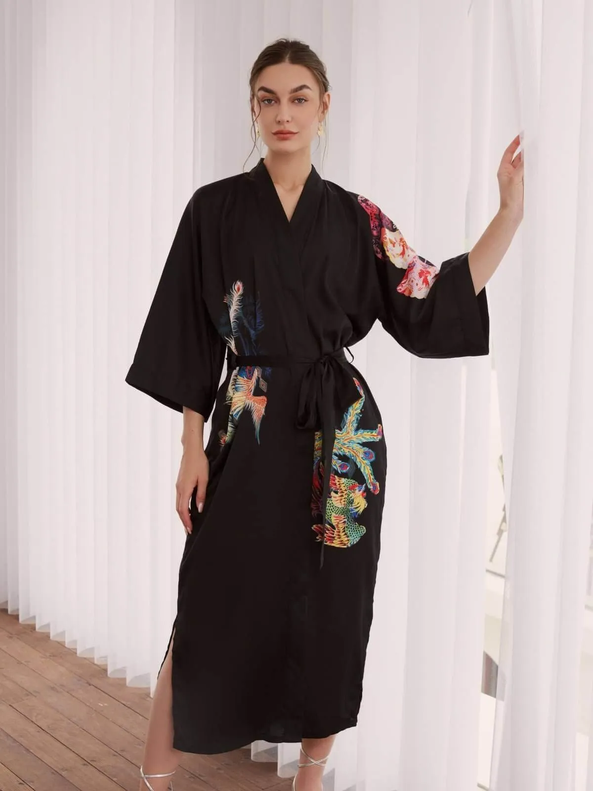 Dragon Phoenix Kimono Robe - Traditional Asian Inspired Dress for Men and Women, Perfect for Weddings and Special Occasions.