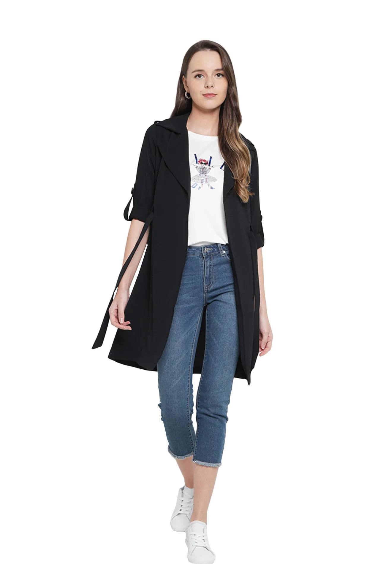 ELLE Apparel Lapel Collar Belted Trench Coat