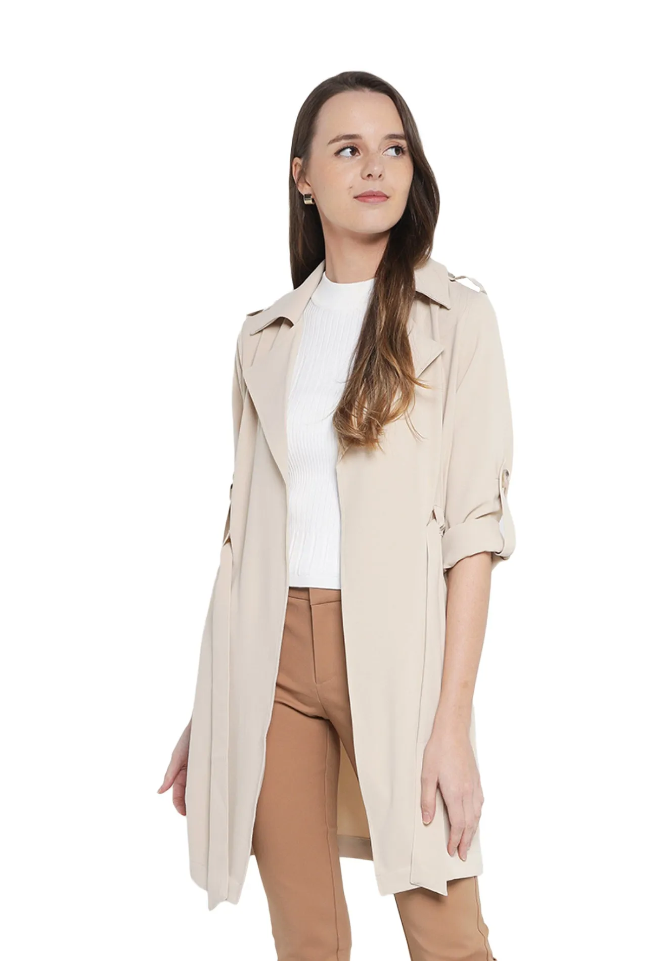 ELLE Apparel Lapel Collar Belted Trench Coat