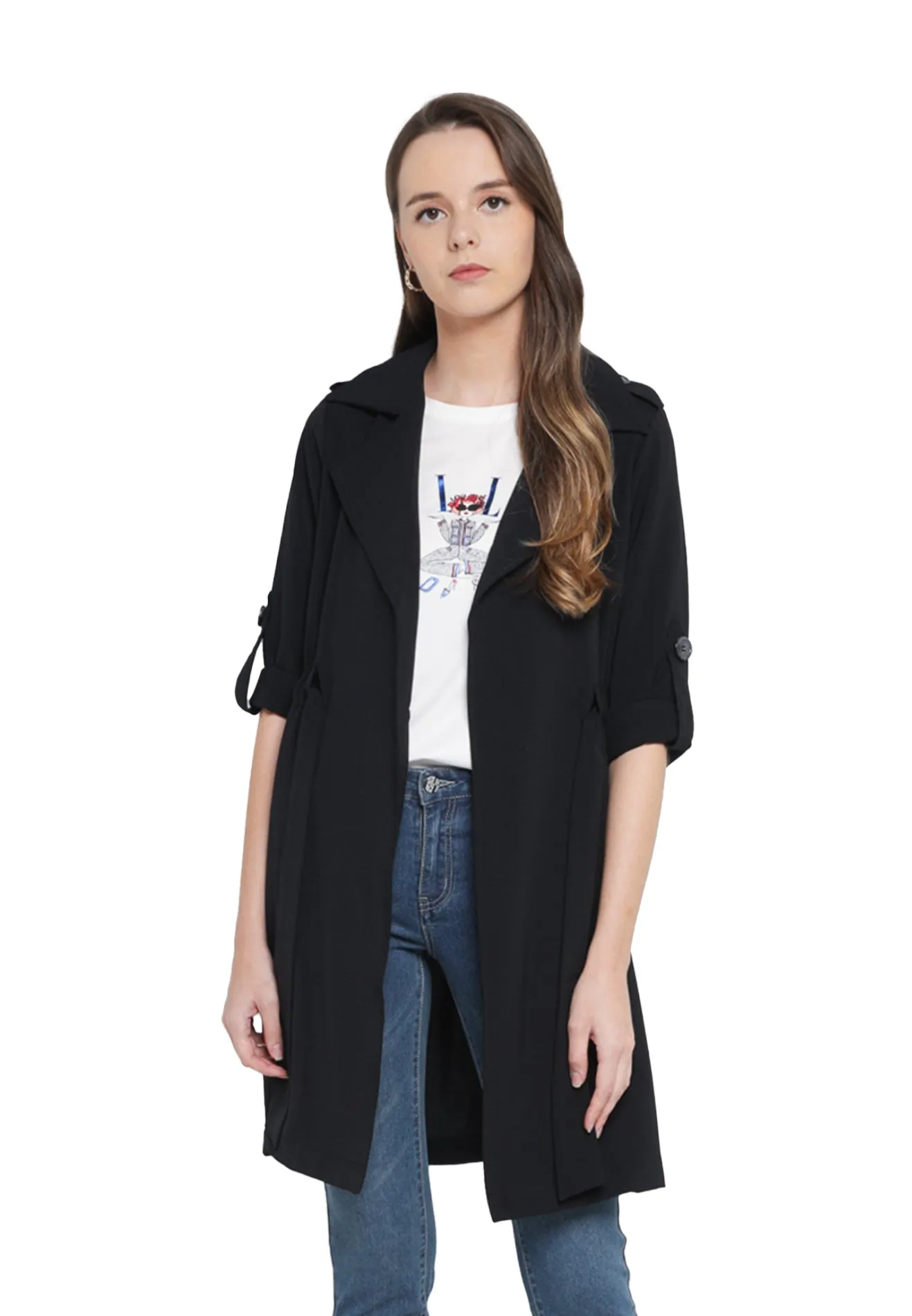 ELLE Apparel Lapel Collar Belted Trench Coat