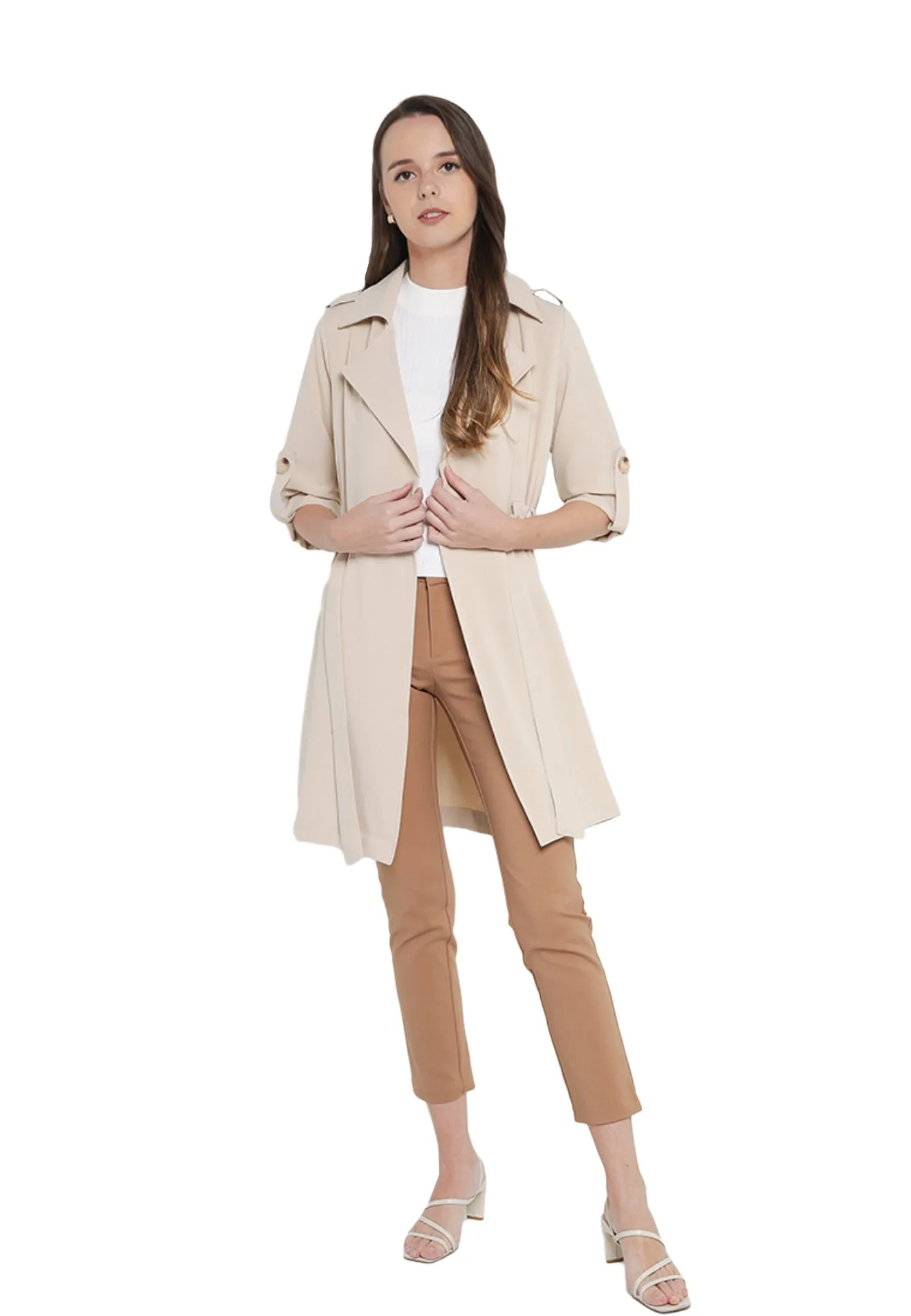 ELLE Apparel Lapel Collar Belted Trench Coat