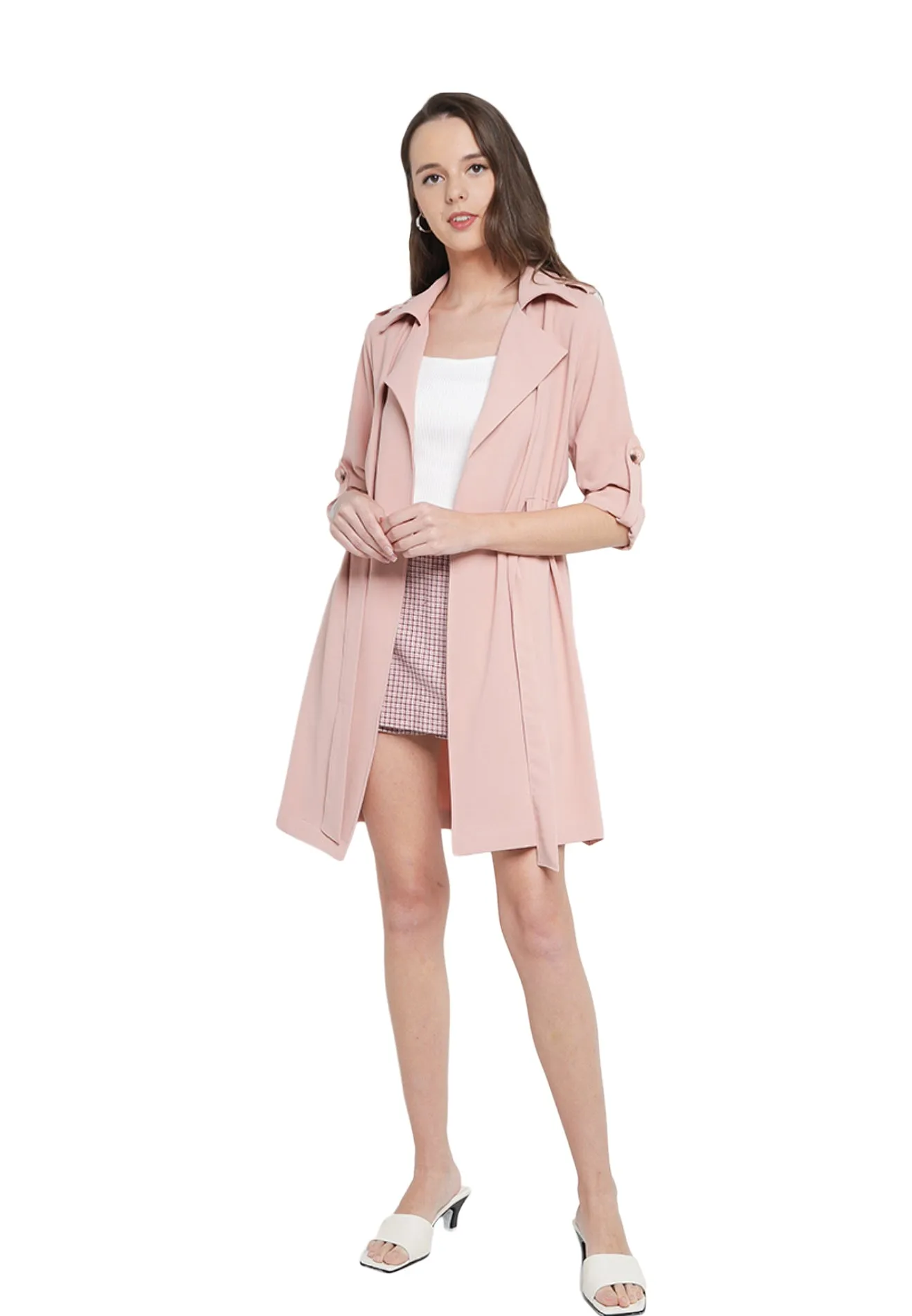 ELLE Apparel Lapel Collar Belted Trench Coat