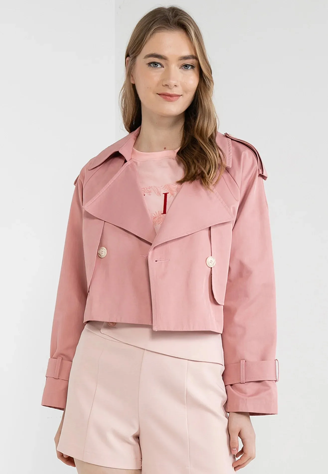 ELLE Cropped Trenchcoat with Buttoned Lapel