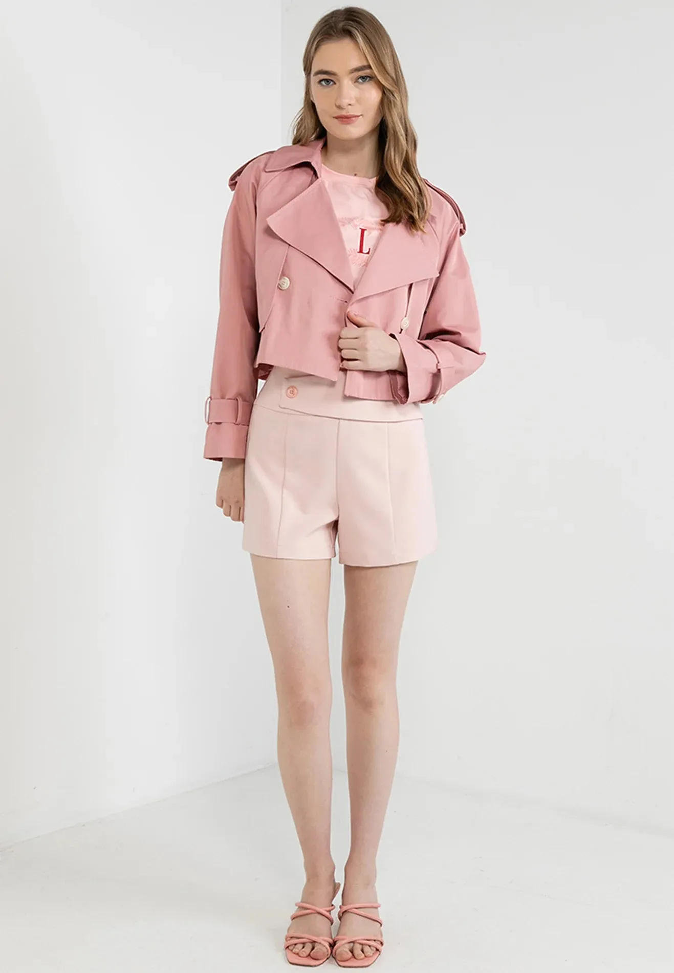 ELLE Cropped Trenchcoat with Buttoned Lapel