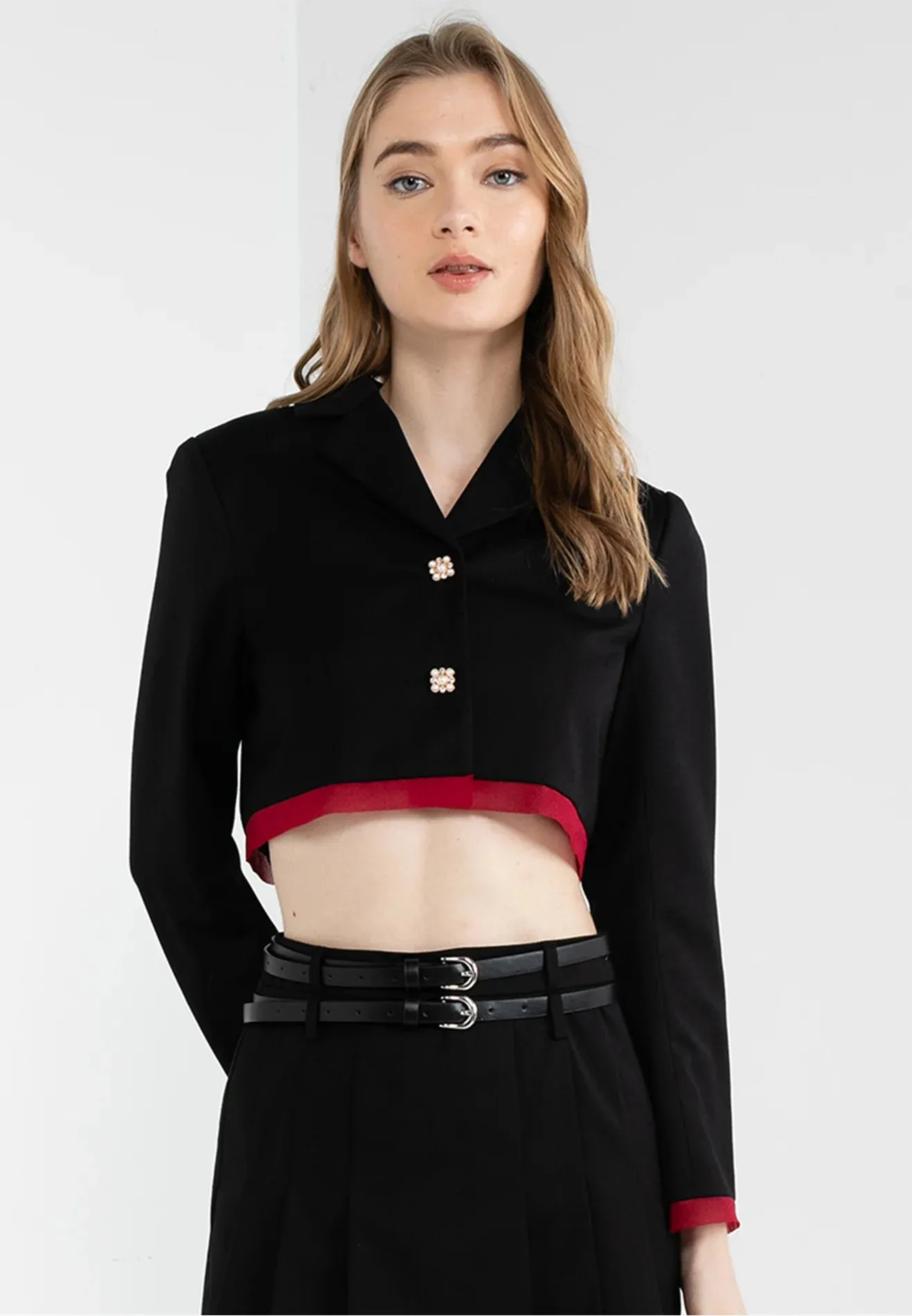 ELLE Pearl Button Cropped Blazer