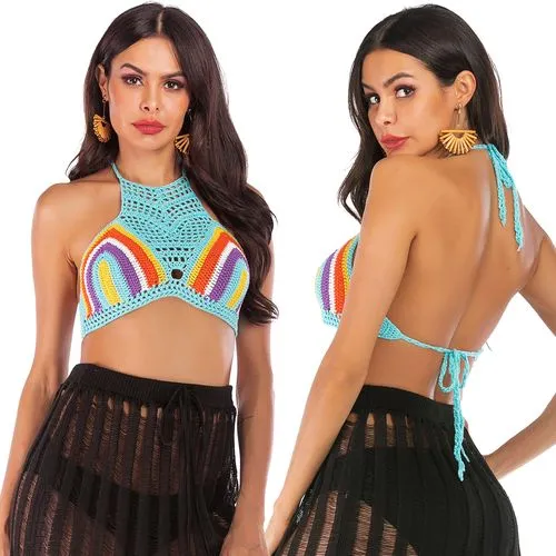 Ethnic Style Rainbow Mixed Color Halter Strap Sexy Beach Bikini Vest