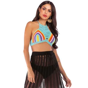 Ethnic Style Rainbow Mixed Color Halter Strap Sexy Beach Bikini Vest