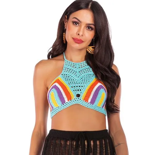 Ethnic Style Rainbow Mixed Color Halter Strap Sexy Beach Bikini Vest