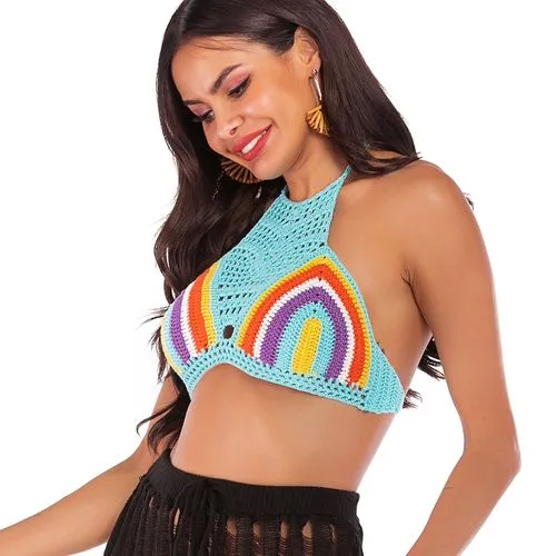 Ethnic Style Rainbow Mixed Color Halter Strap Sexy Beach Bikini Vest