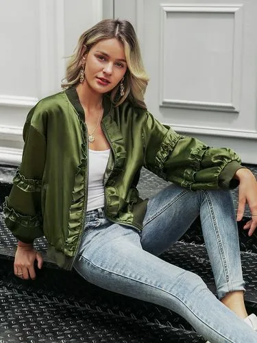 Fashion Army Green Satin Coat Wholesale Women&#39;s Clothes