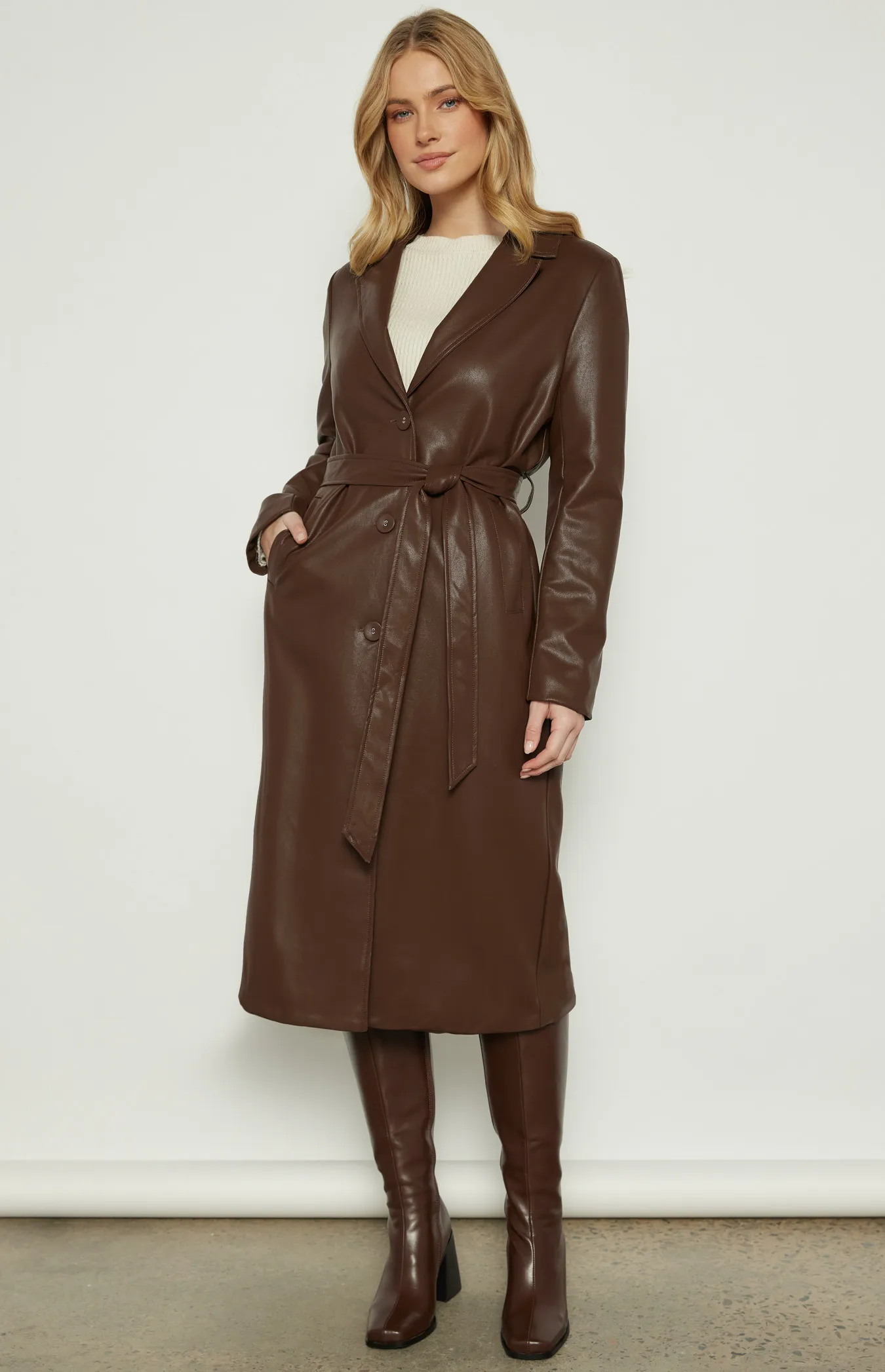 Faux Leather Longline Coat with Belt (WJT233A)