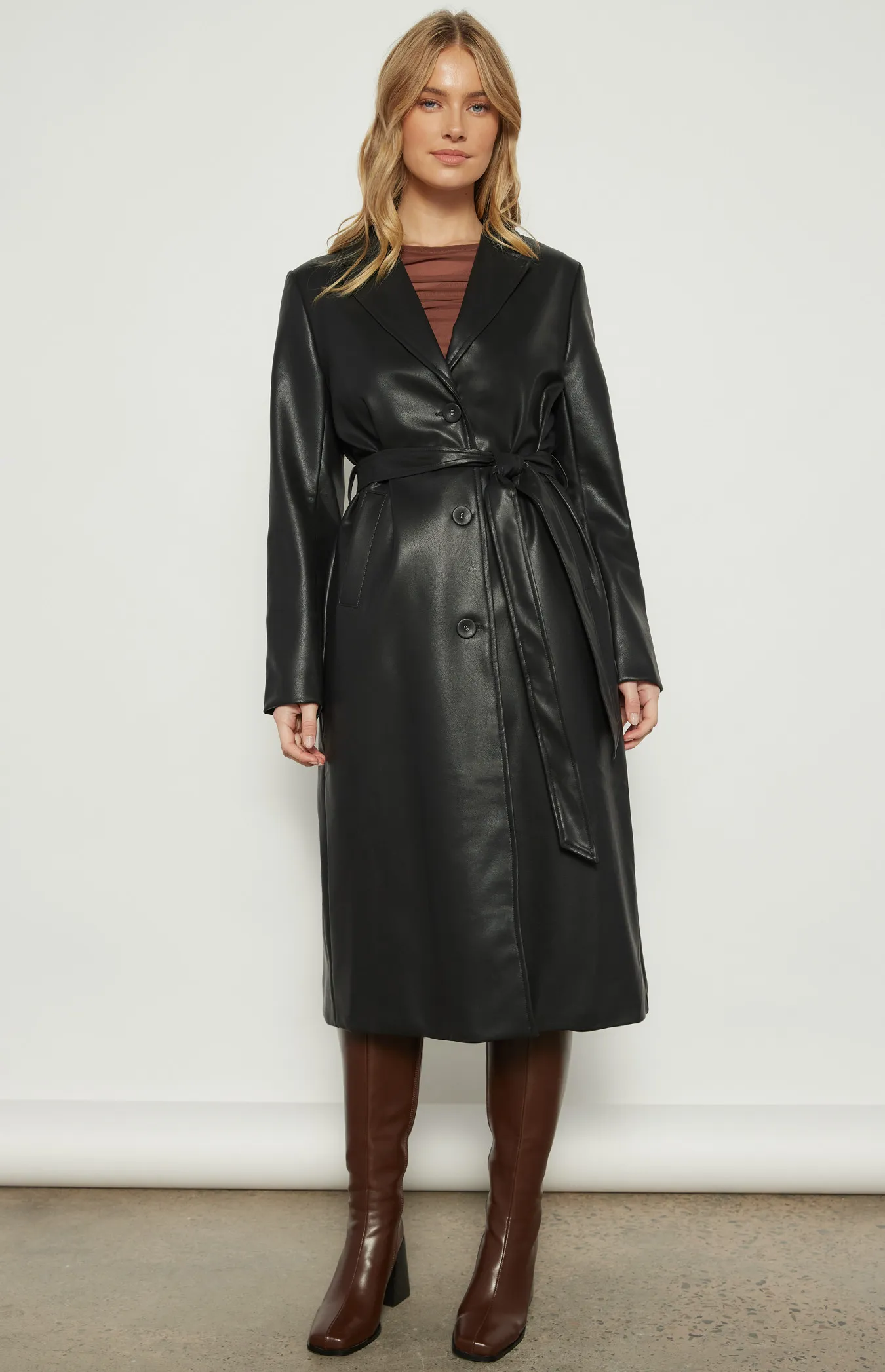 Faux Leather Longline Coat with Belt (WJT233A)