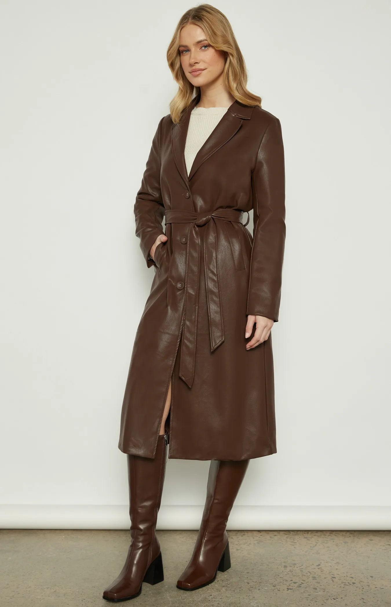 Faux Leather Longline Coat with Belt (WJT233A)